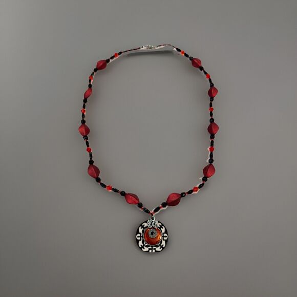 Victorian Vintage Inspired Beaded Necklace With Metal & Red Stone Pendant - Picture 1 of 6
